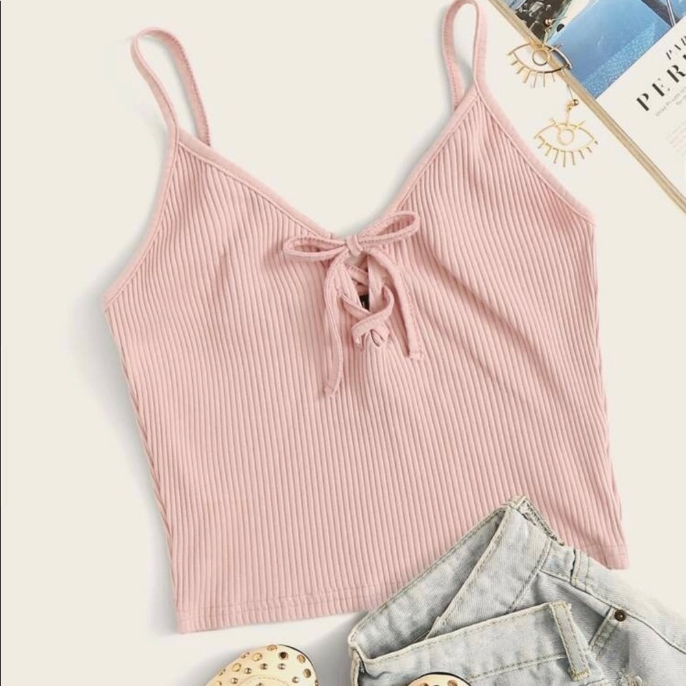 Lace Up Front Rib-knit Cami Top